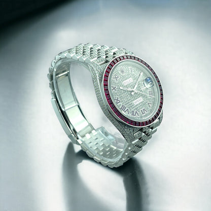 ROLEX DATEJUST 41 FULL ICED OUT – RUBY BEZEL - RED ROMAN DIAL